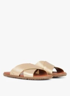 Ugg SOLIVAN CROSSBAND - Platte, Glanzende Leren Sandalen | Goudkleurige -Ugg 4129098